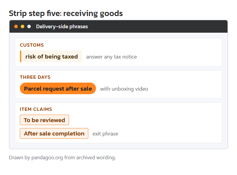 Delivery-side phrases for strip step five: customs reminder, the three-day claim line and the after-sales tags, drawn by this site.