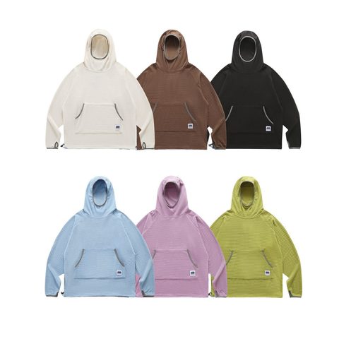 Waffle-knit hooded pullover in six colours, laid flat