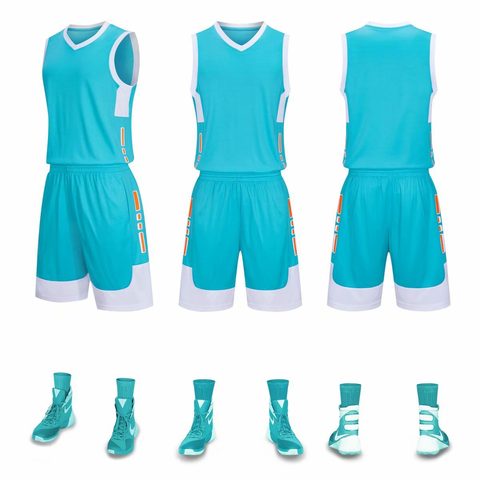 Turquoise blank basketball vest and shorts, front and back