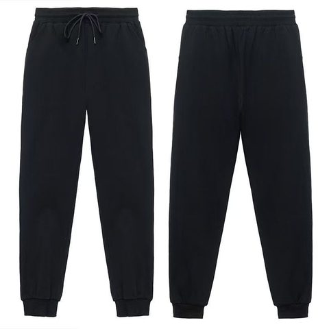 Black terry joggers with cuffed hems, front view