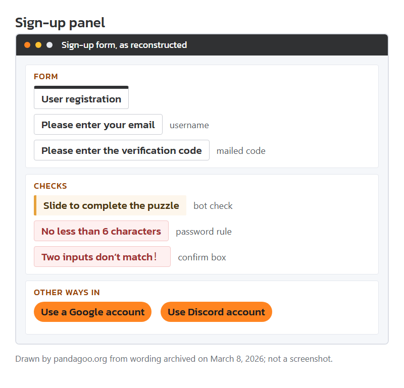 Mock-up of the archived sign-up panel, drawn by this site from the stored wording: email field, code field, slider puzzle and the terms tick box.